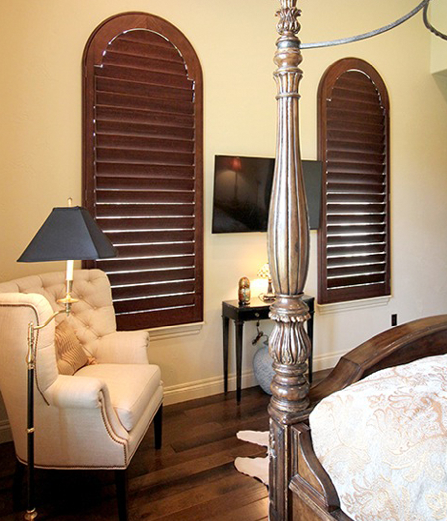 bedroom stained wood shutters Hunter Douglas Austin 78758