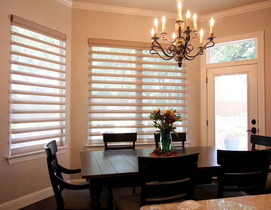 Kitchen nook with Hunter Douglas pirouette shades Cedar Park 78613