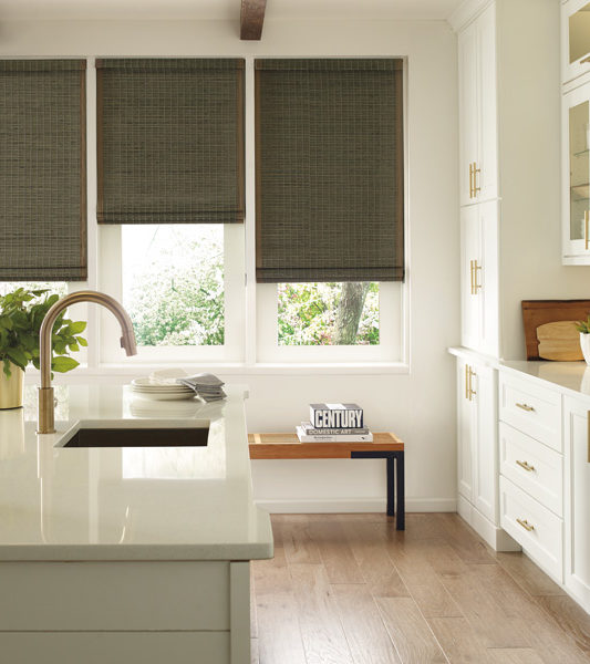 kitchen with remote control blinds from the Provenance Woven Woods collection in Austin TX home