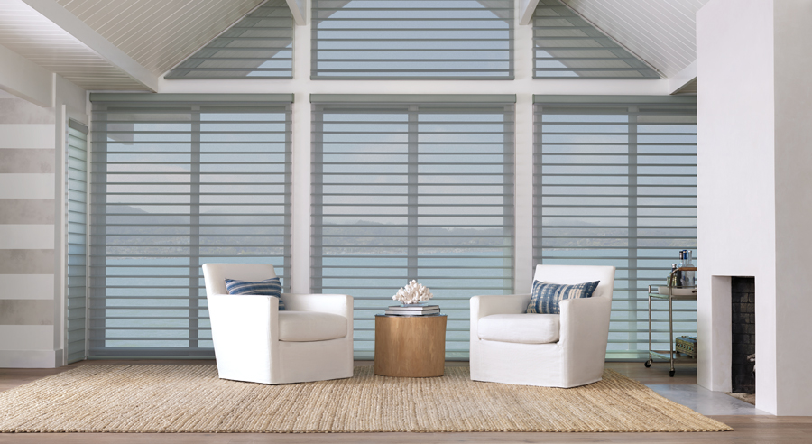 coastal decor silhouette shades living room Hunter Douglas Austin 78758