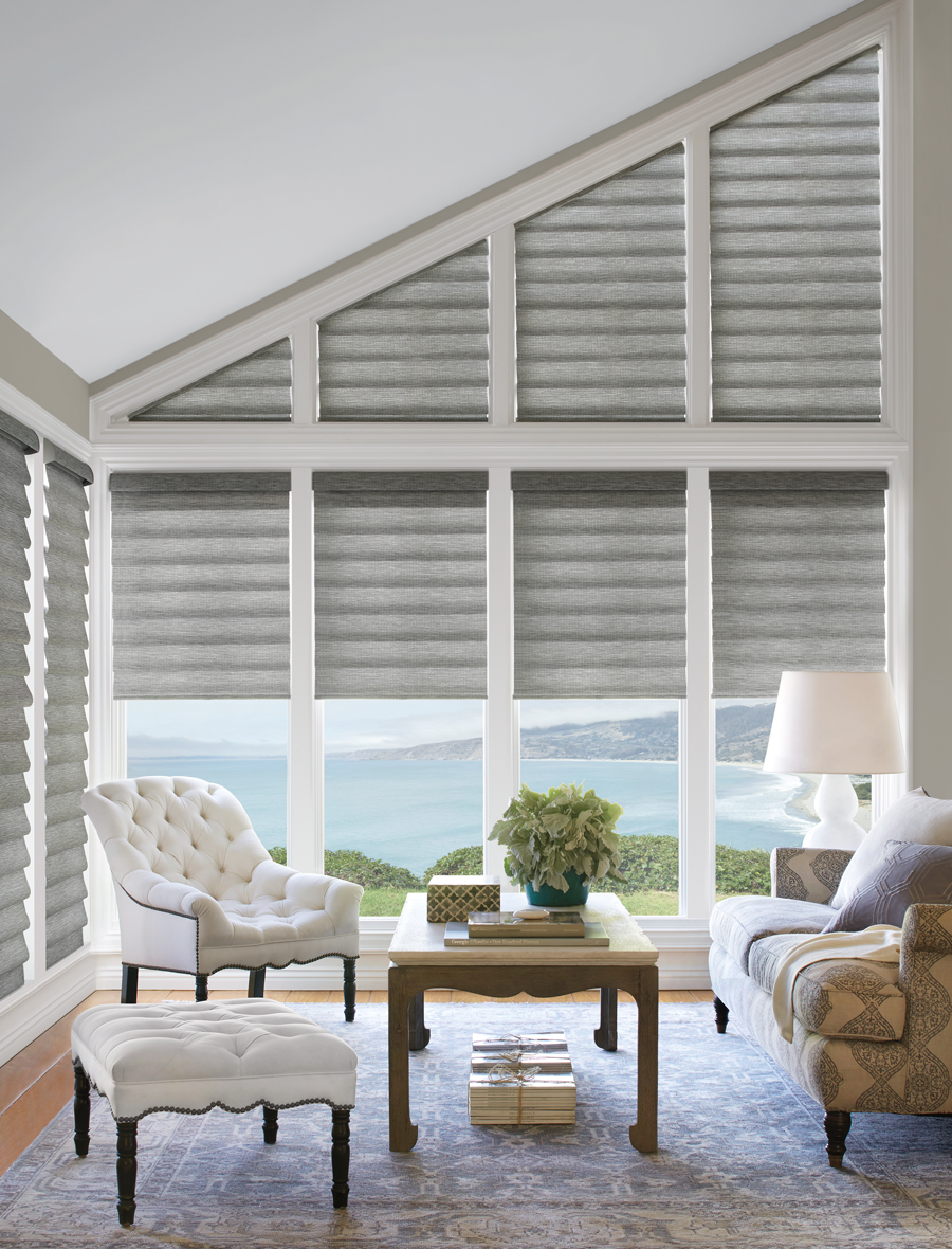 grey white living room vignette roman shades Hunter DouglasAustin 78758