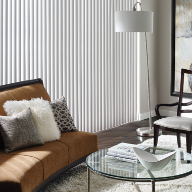 Living room large window with Custom vertical blinds Austin TX