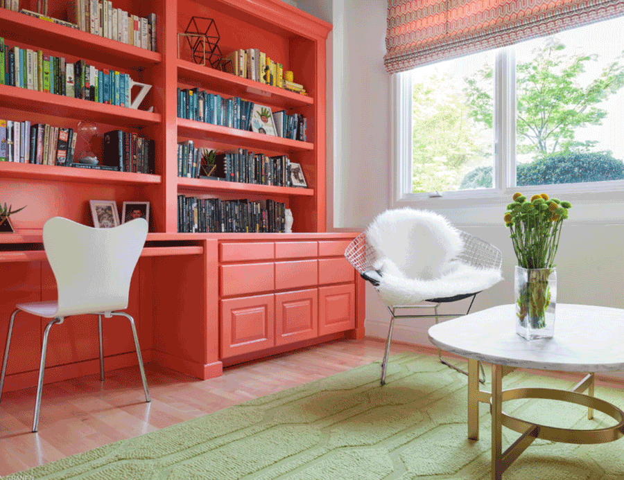 living coral bookshelf design ideas Hunter Douglas Austin 78758