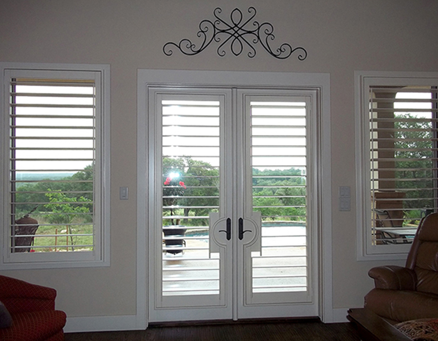 french door plantation shutters with handle cutouts Cedar Park