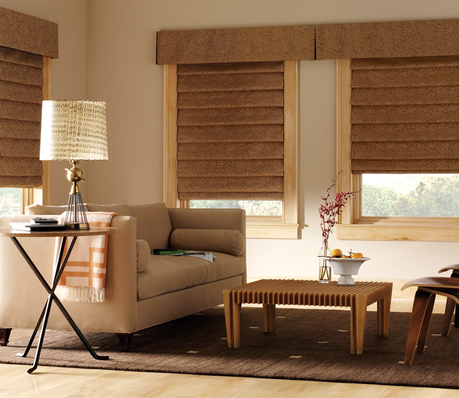 custom roman shades with matching top treatment Austin TX