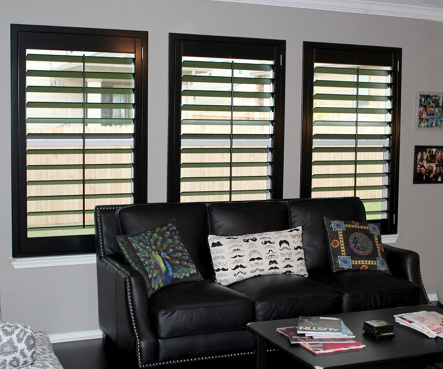 living room black plantation shutters Hunter Douglas Austin 78758