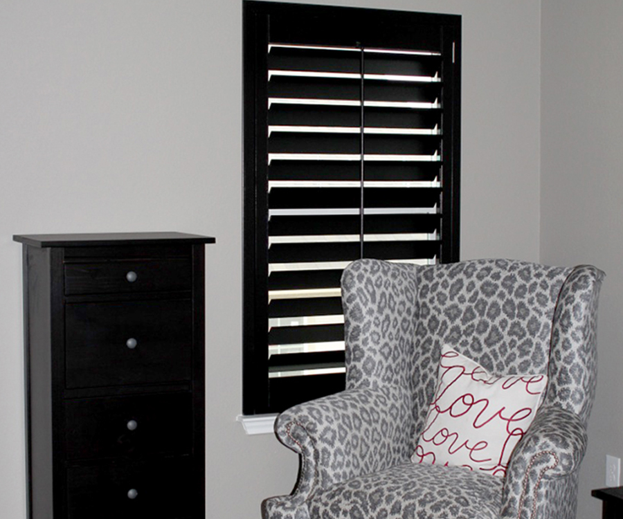 master bedroom black shutters Hunter Douglas Austin 78758