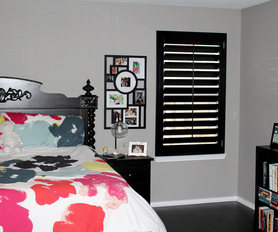 master bedroom black shutters Hunter Douglas Austin 78758