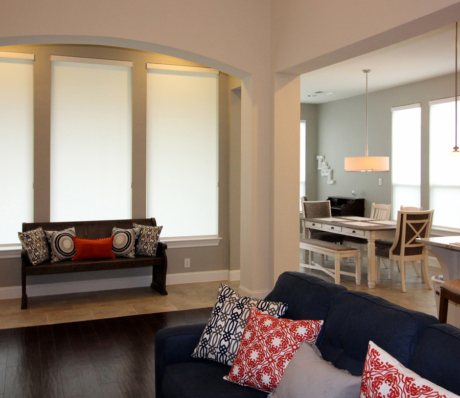 tall window roller shades living room Austin TX