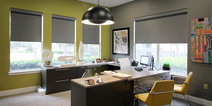 green office space grey roller shades Hunter Douglas Austin 78758