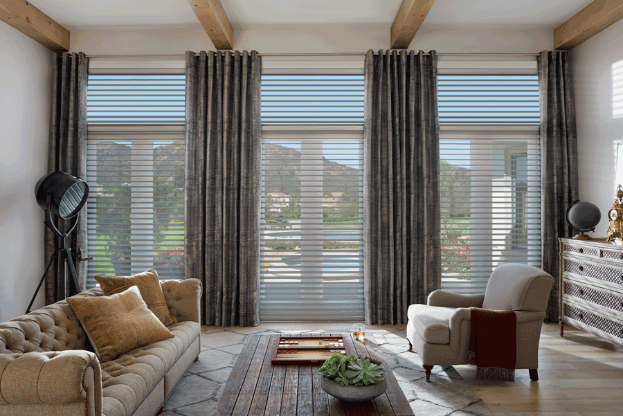 living room silhouette shades for floor to ceiling windows Hunter Douglas Austin 78758