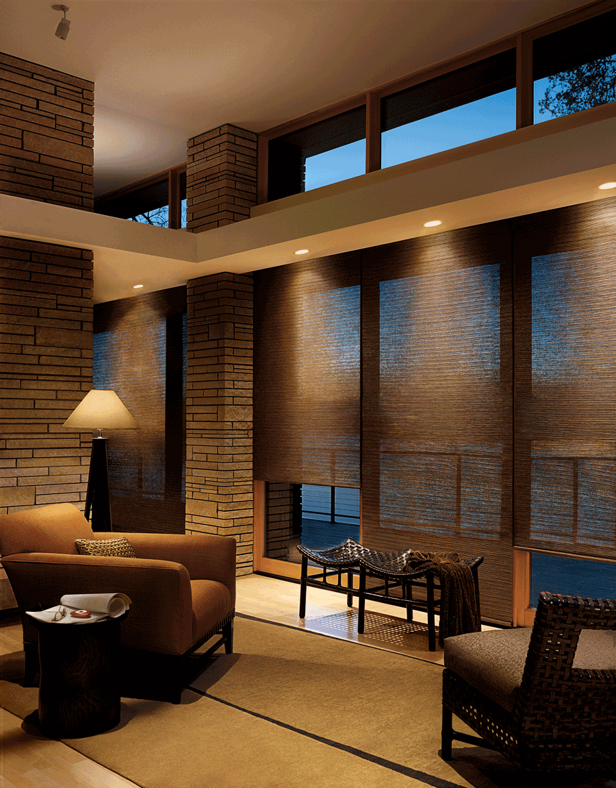 family room motorized designer roller shades for floor to ceiling windows Hunter Douglas Austin 78758