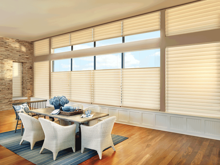 dining room top down bottom up vignette modern roman shades for floor to ceiling windows Hunter Douglas Austin 78758