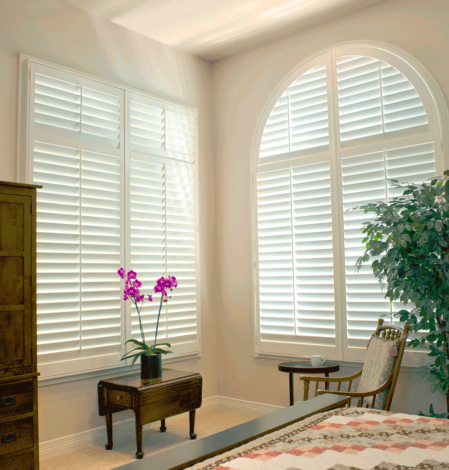 living room window treatments for arched windows white plantation shutters Austin TX