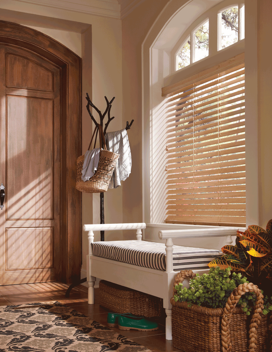 Hunter Douglas blinds farmhouse style entryway with arched window top down bottom up blinds Austin TX