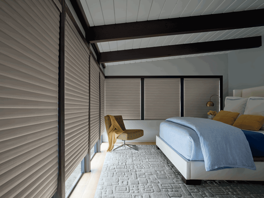 contemporary bedroom with room darkening motorized shades Austin TX