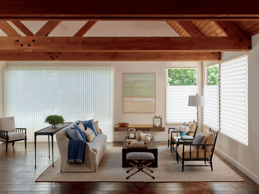 Living room with vignette roman shades in an Austin home.