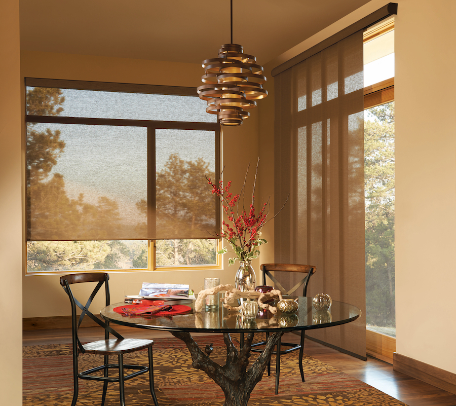 Austin home with screen shades to reduce glare during changing season.