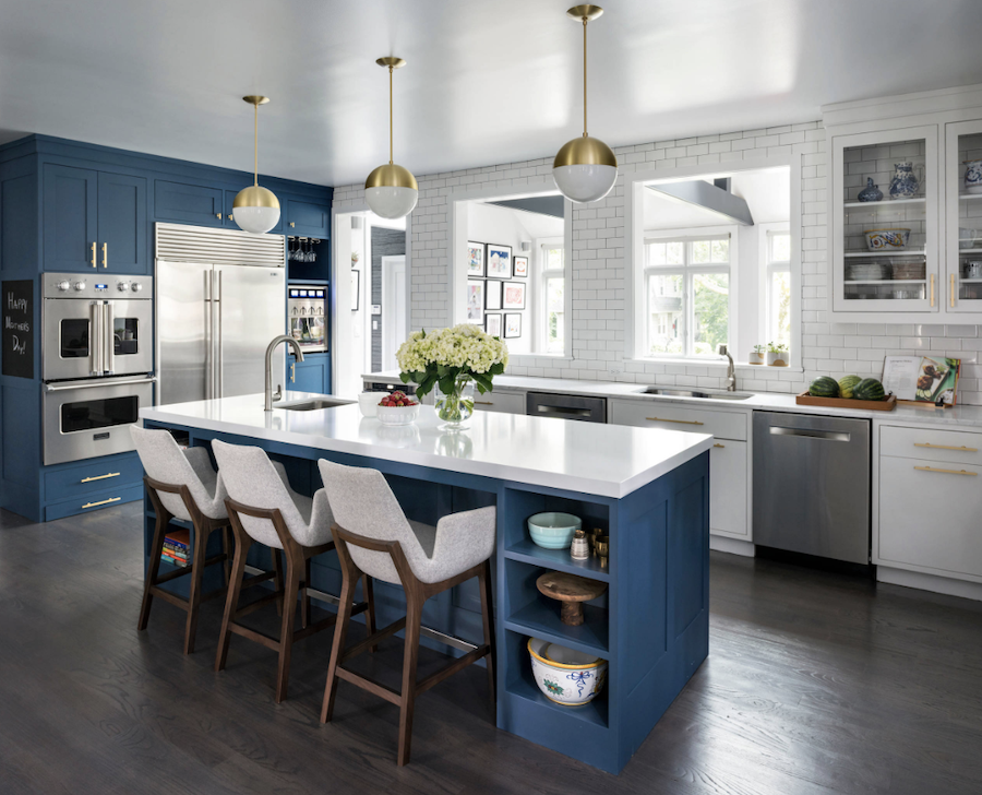 blue cabinets with white cabinets in kitchen color of the year 2020