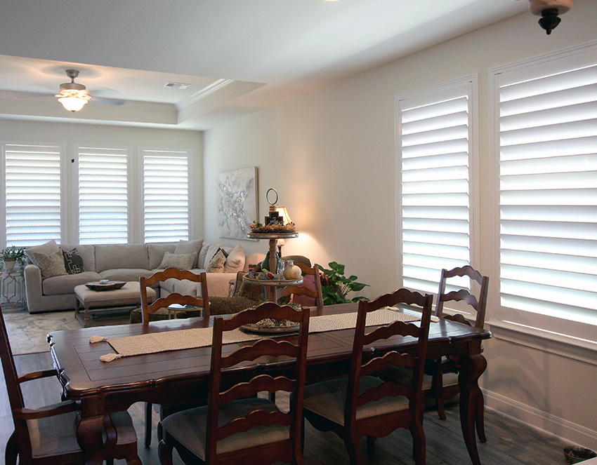 white contemporary hidden tilt shutters interior Austin TX