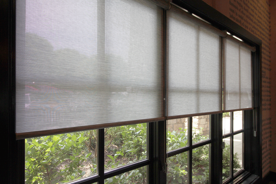 black window frames with gray roller shades Austin TX