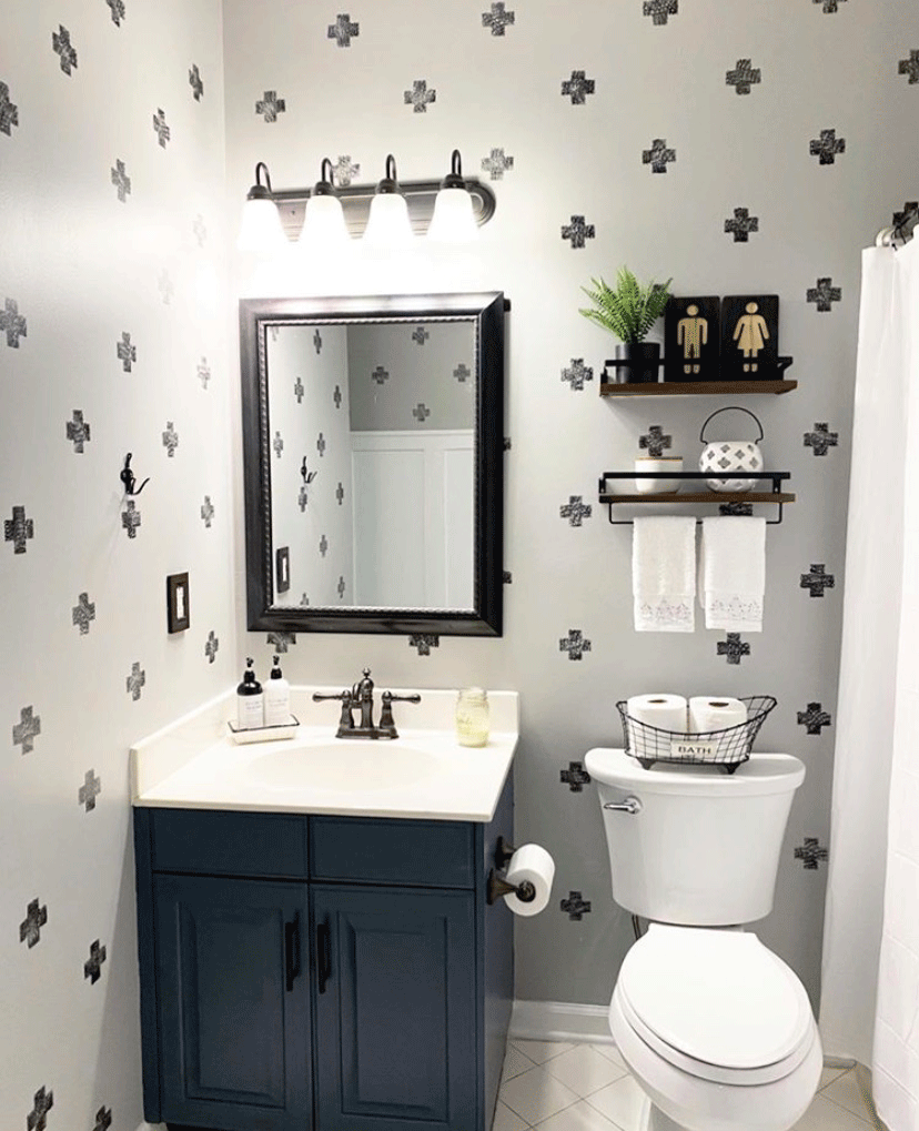 Stenciling in this bathroom adds the perfect accent to the walls.