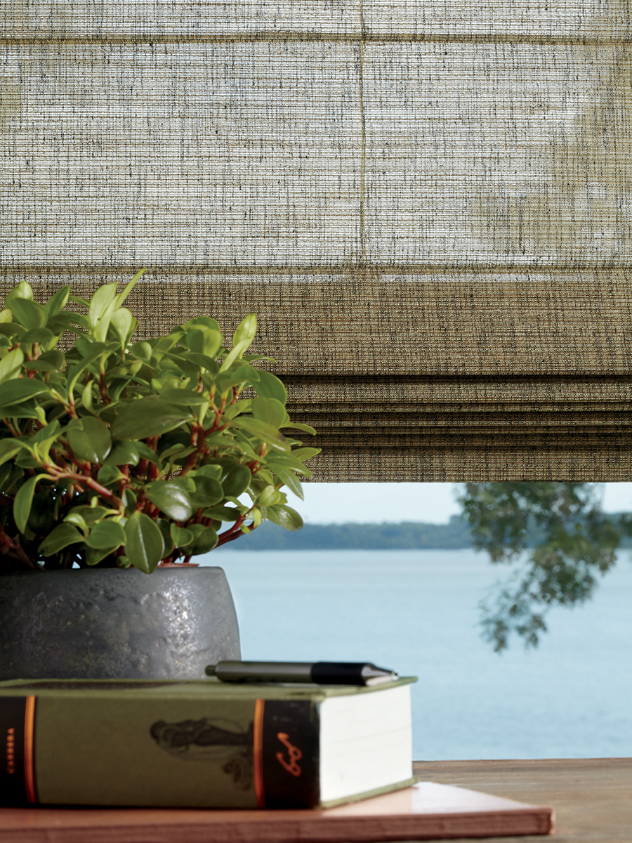 Window featuring neutral earth-tone roman shades