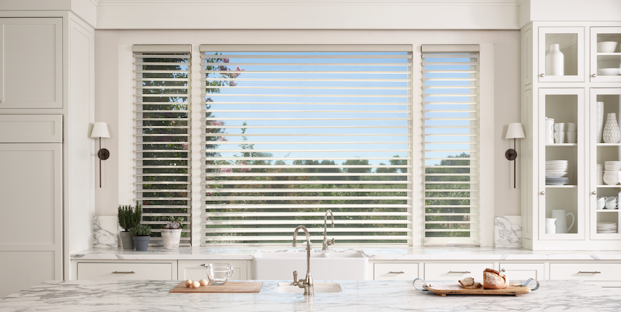 sheer shades above kitchen sink for backyard views Austin TX