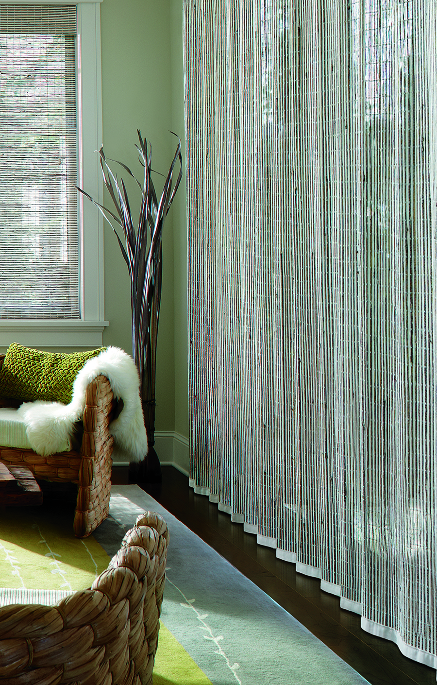 Woven wood shades on sliding glass doors.