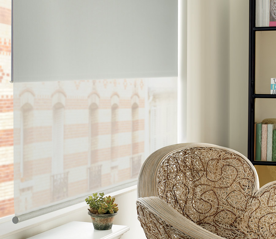close up of gray roller shades in downtown Austin TX