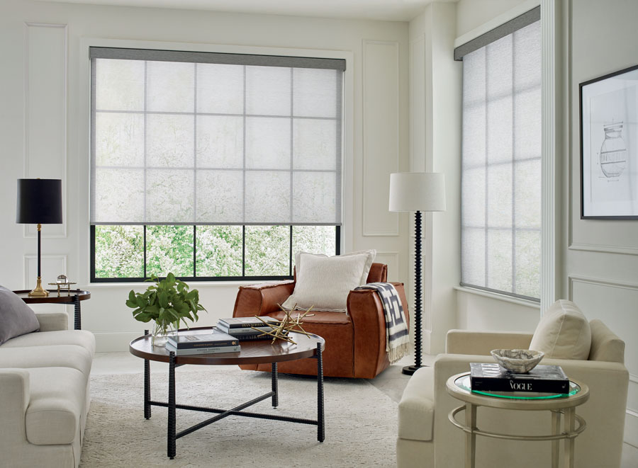 corner of living room with black framed windows and screen shades in Austin TX