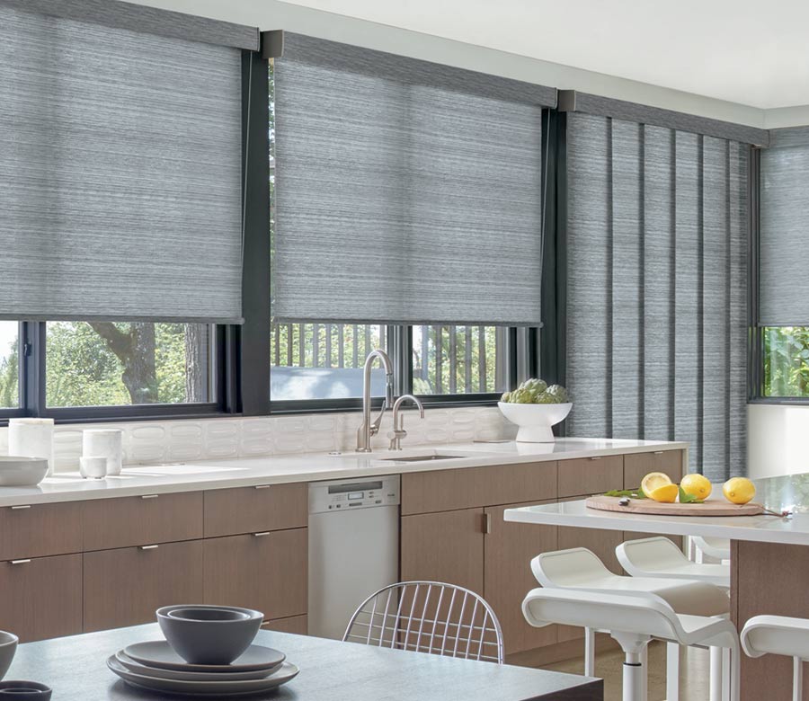 gliding window panels with matching roller shades in Austin TX