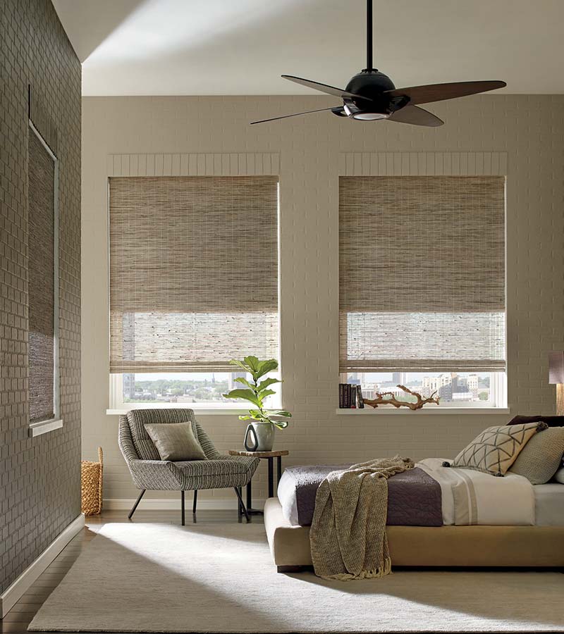 beige bedroom in Austin 78738 with woven wood shades