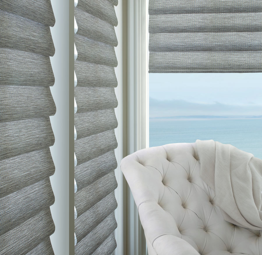 corner window gray roman shades in white living room overlook lake