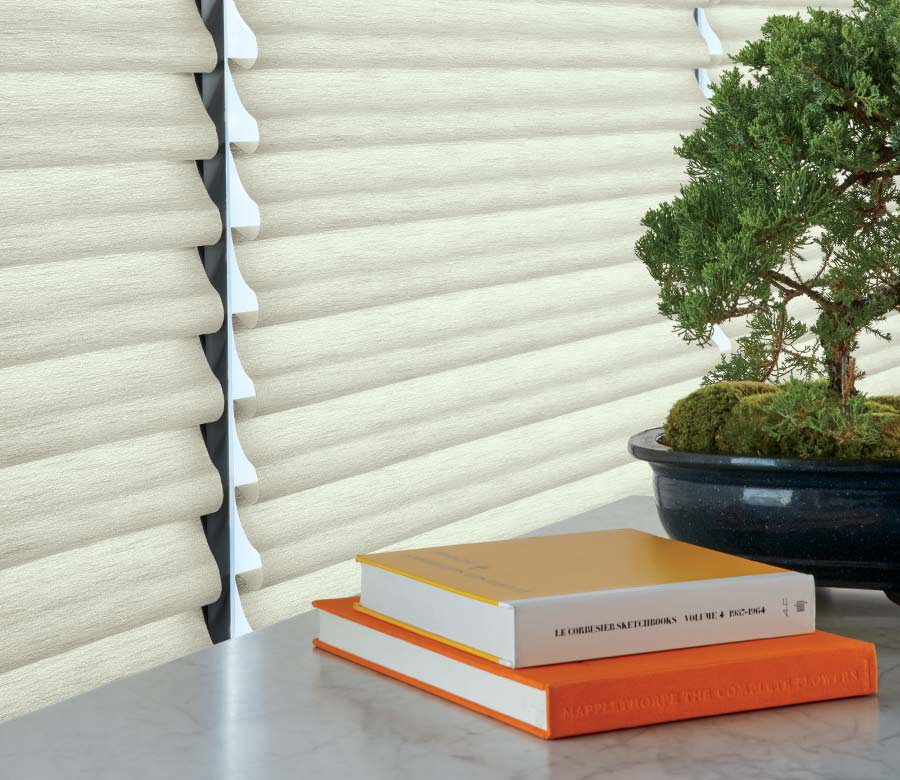 beige fabric detail of roman shades next to Bonsai tree