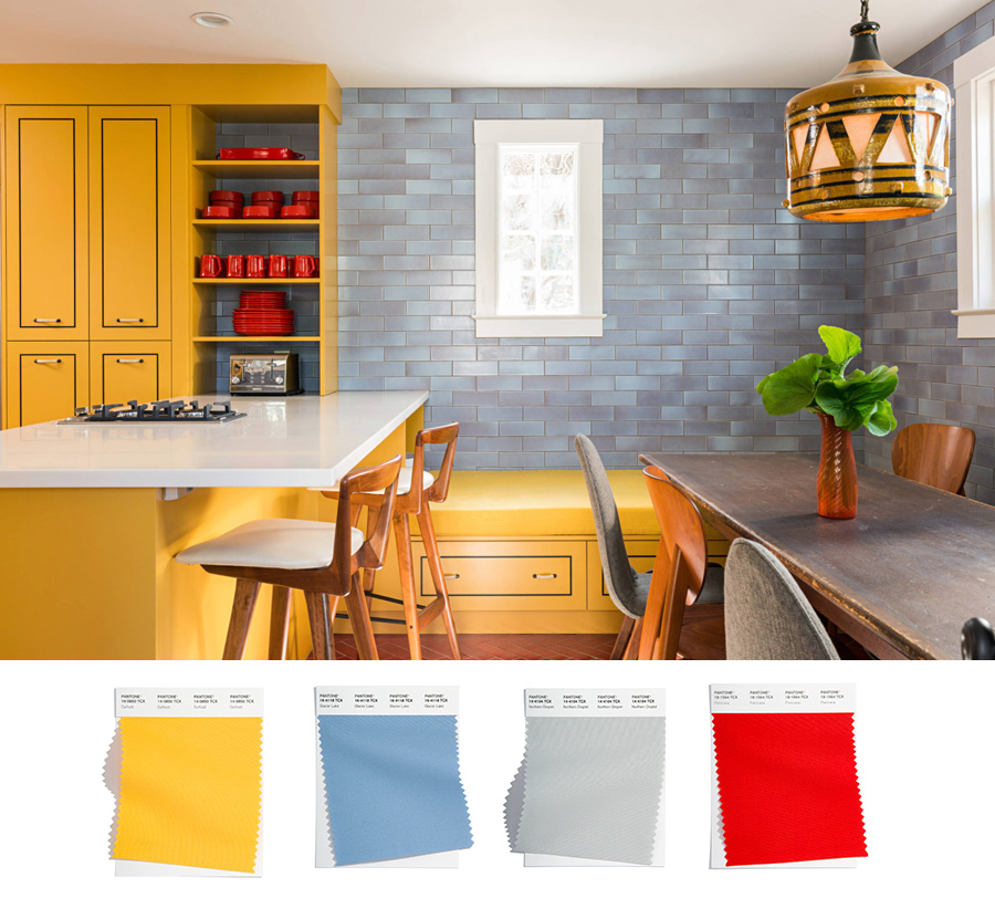 yellow kitchen cabinets with blue backsplash, Minneapolis, MN