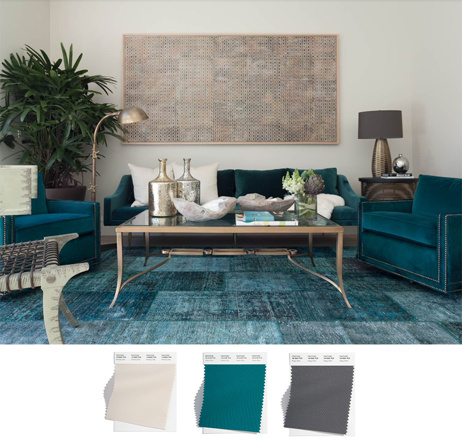 jewel tone turquoise furniture and area rug with neutral walls