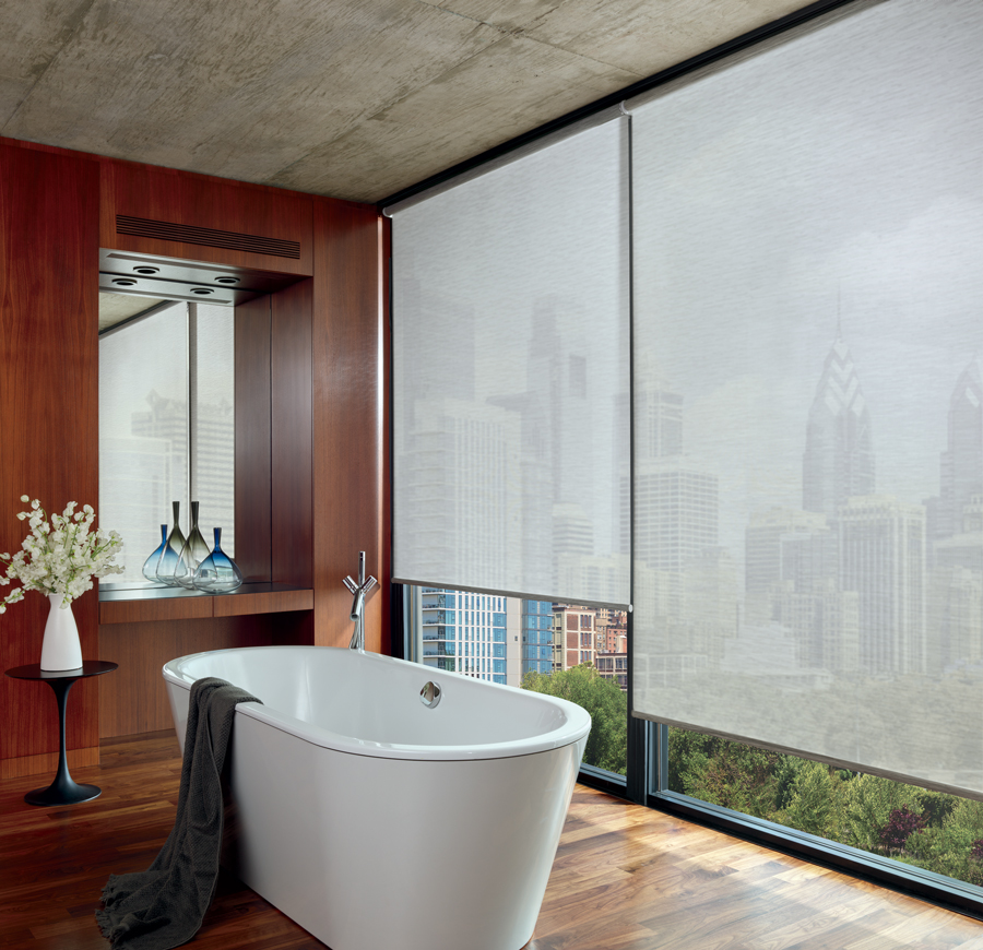 screen roller shades on floor to ceiling windows in bathroom in Austin TX