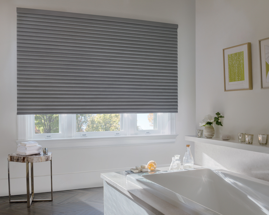 cellular roller shades as a bathroom features in Austin texas home 