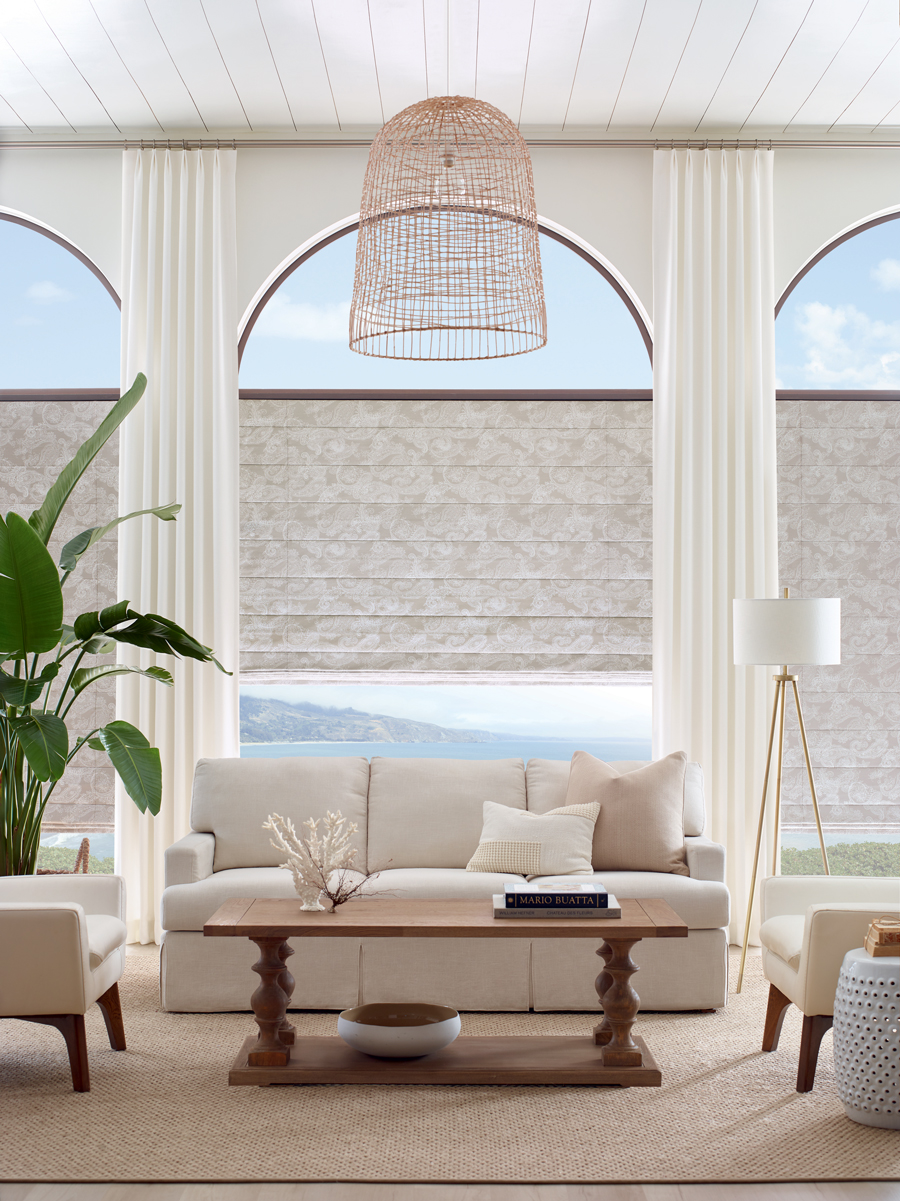 fabric roman shades in modern farmhouse living room