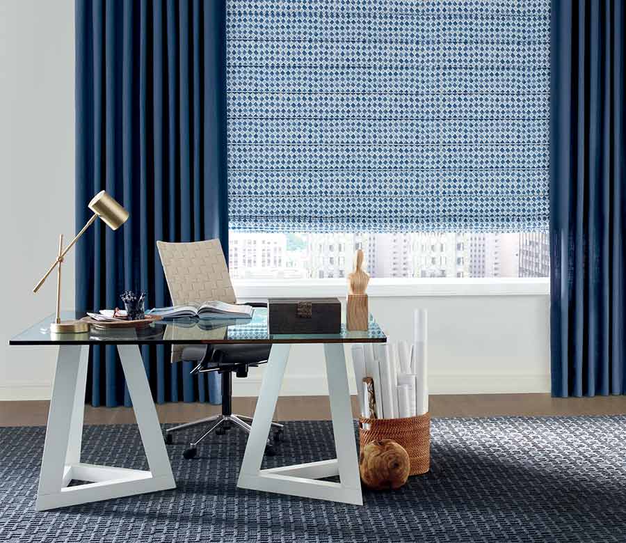home office studio blue window treatments in Cedar Park, TX
