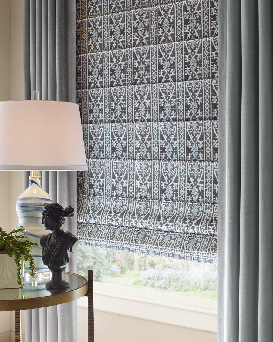 black and white patterned custom roman shades in Austin TX