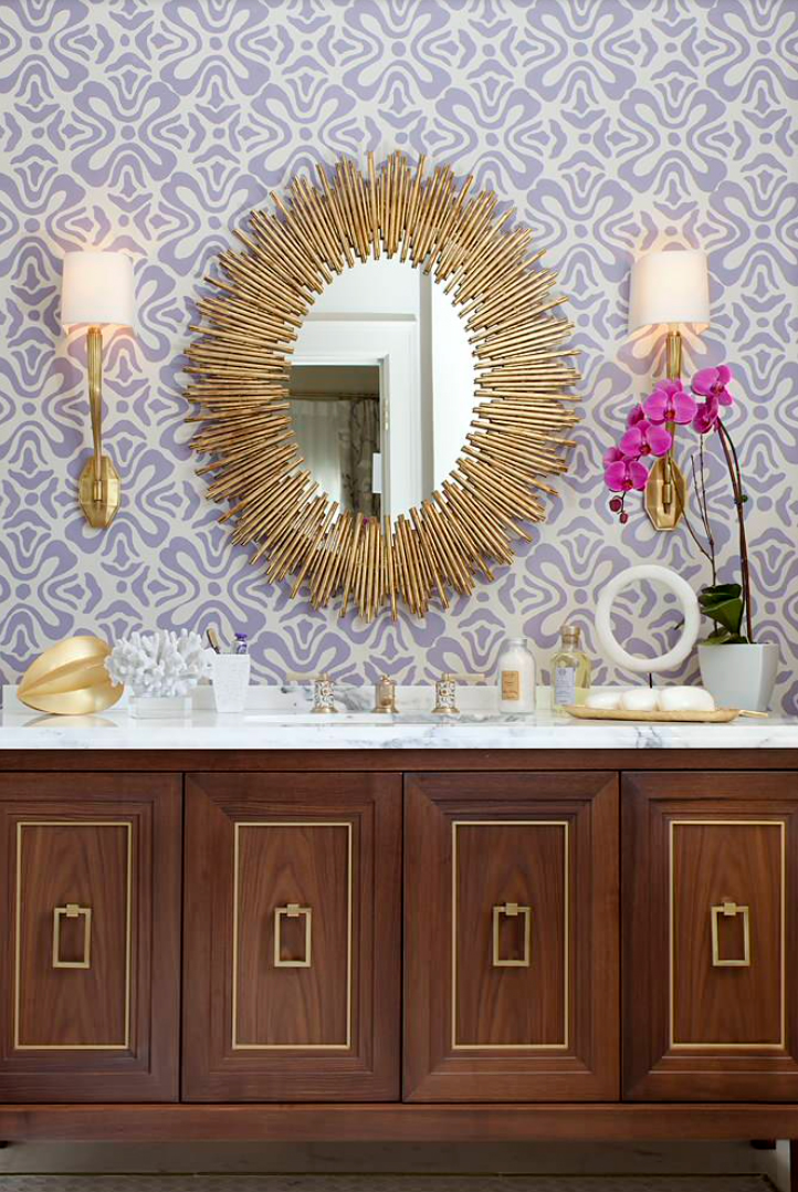 purple patterned wallpaper in small bathroom