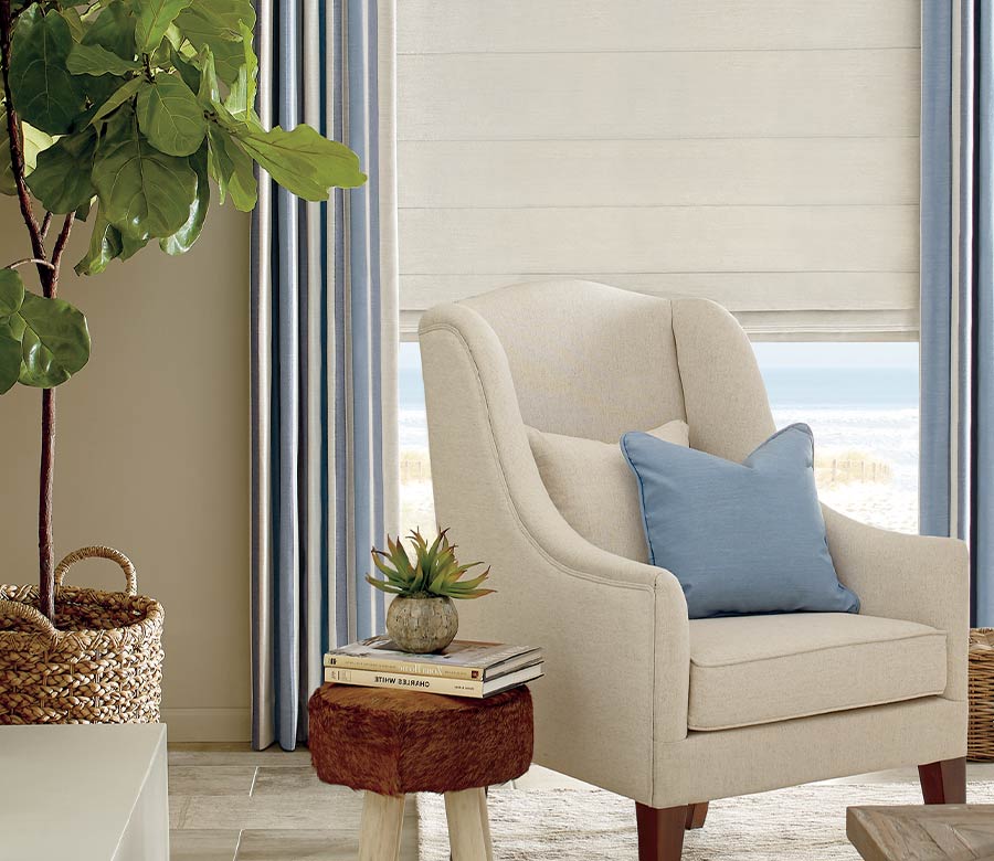 traditional living room blue and cream striped designer shades Cedar Park, TX