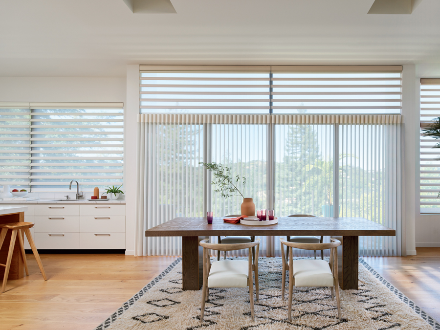 coordinating sheer window treatments on windows and doors