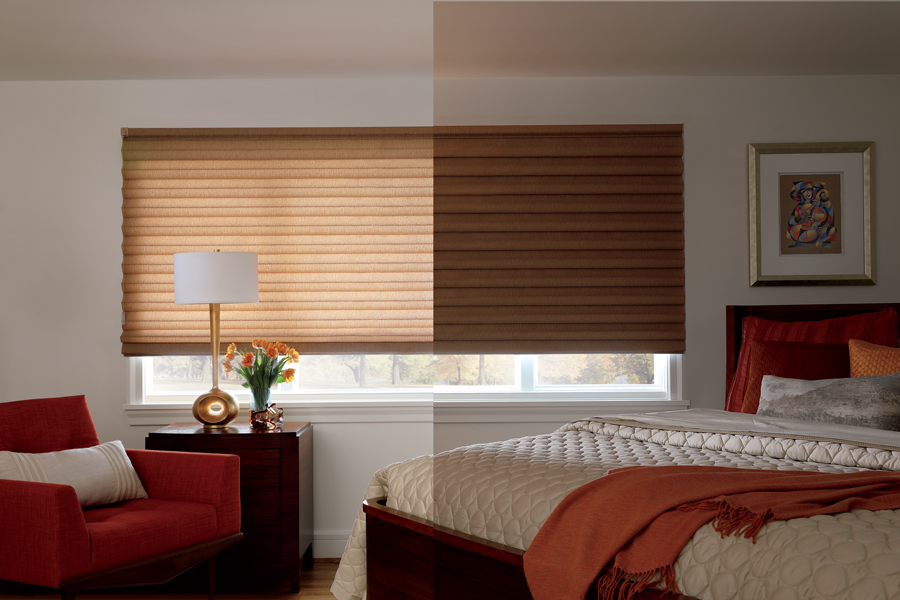 bedroom with shade in two fabrics: room darkening and light filtering