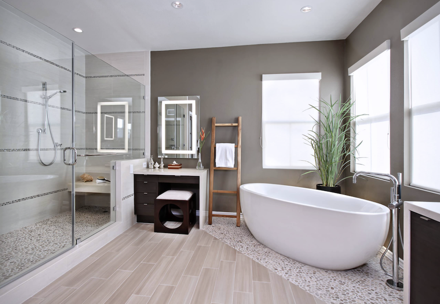 bathroom wood tile flooring and pebbles 