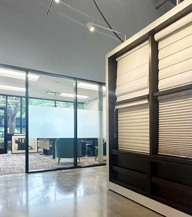 large window shade display in retail location for austin window fashions