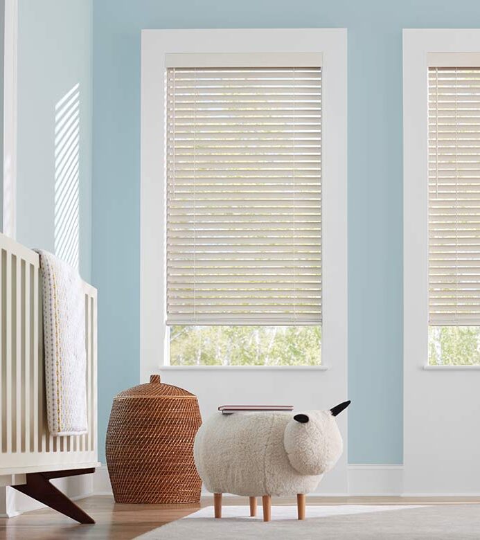 childs nursery blue walls cream colored child safe blinds
