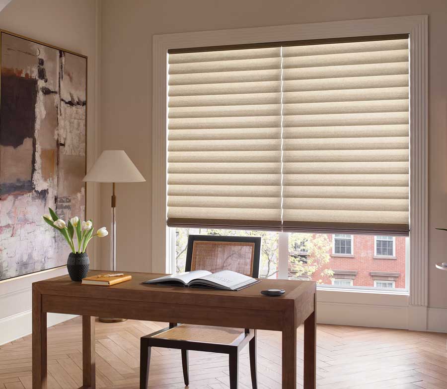 brown roman shades in home office